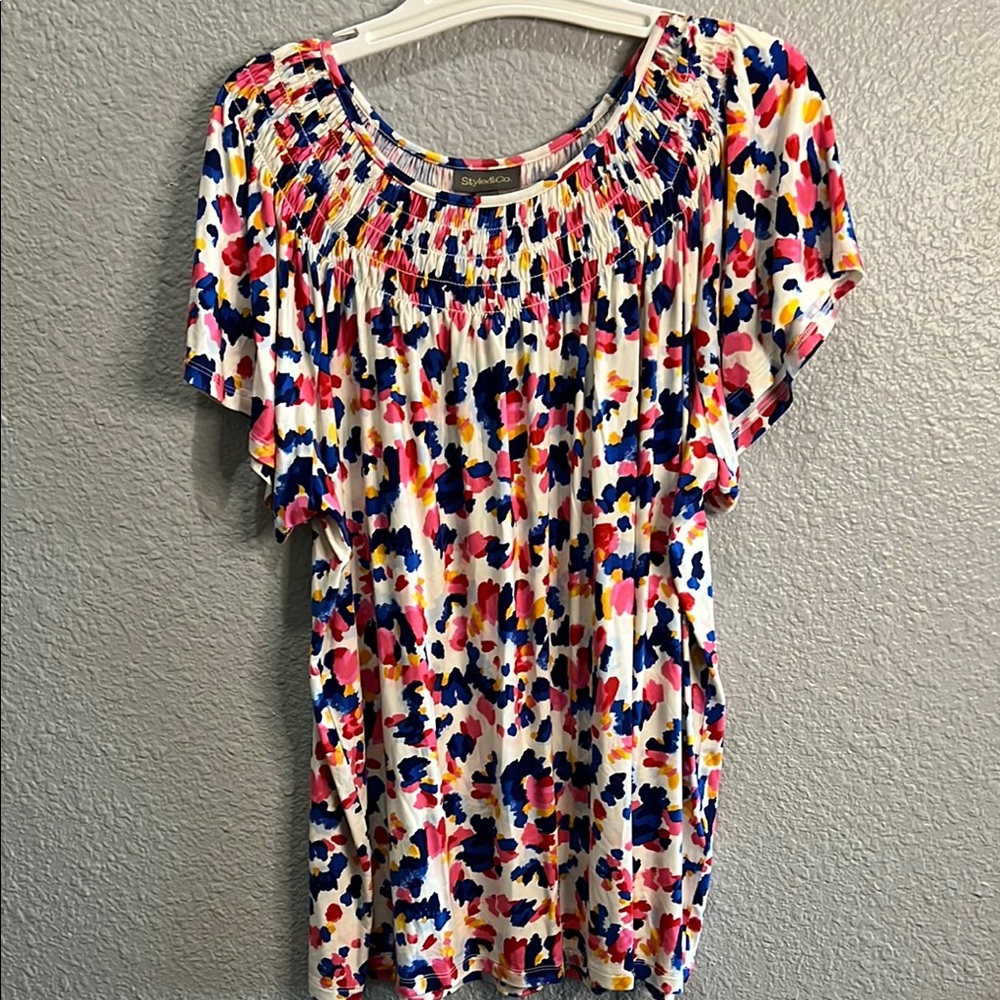 Style & Co Red, Pink, Blue Ruched Cap Sleeve Blouse size 2X NWT